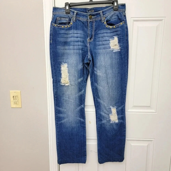 Cache Gold Grommet Factory Distressed Straight Leg Denim Jeans Size 10 - Picture 1 of 14